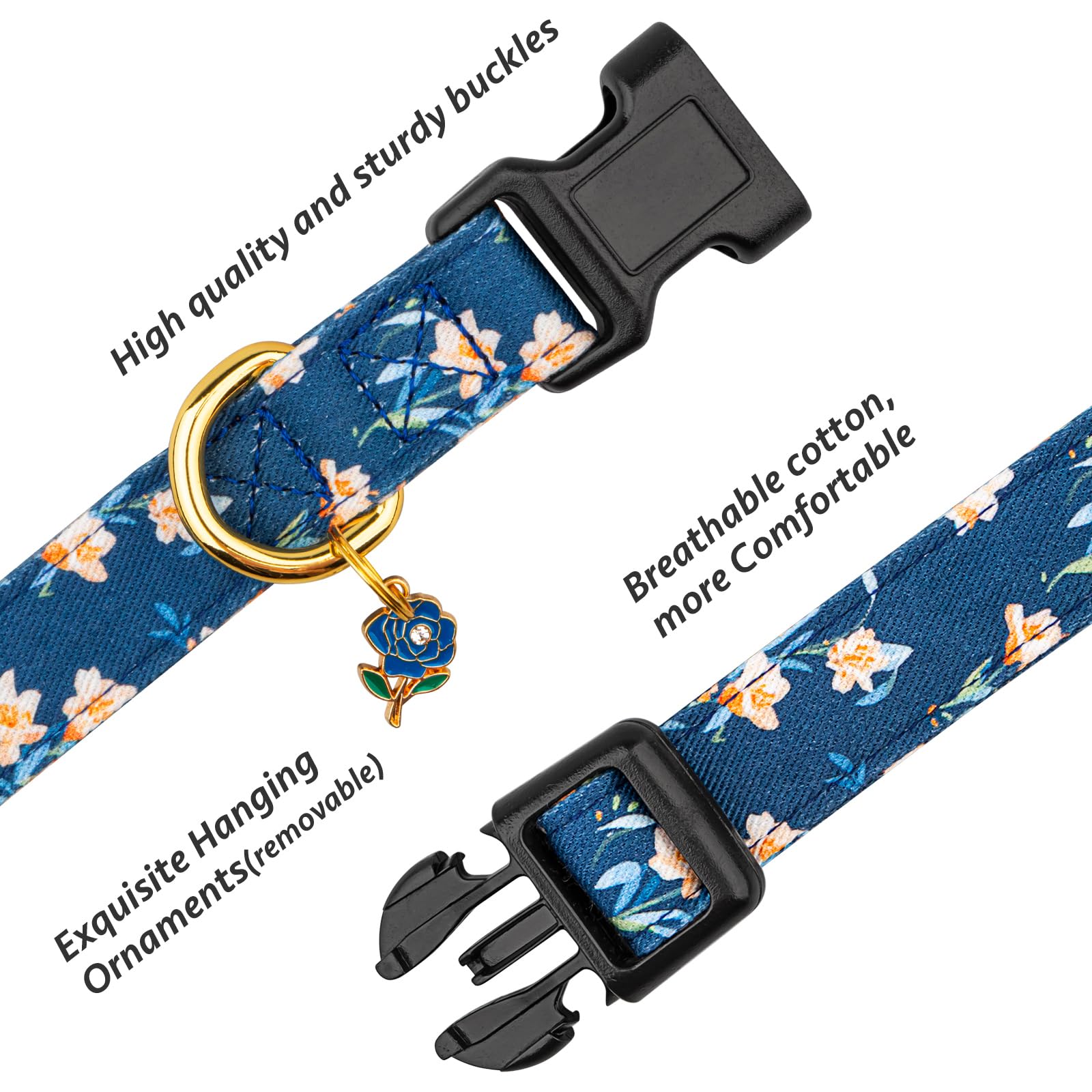 Cotton Handmade Dog Collar Cute And Distinctive Patterns Blue Tulip With Pendant For Girl Boy Dogs Collars M